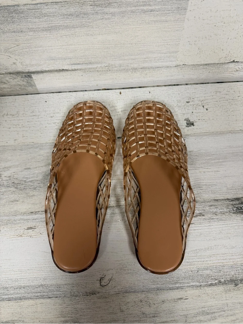 Caroline Constas Tan Woven Jelly Slide Mules